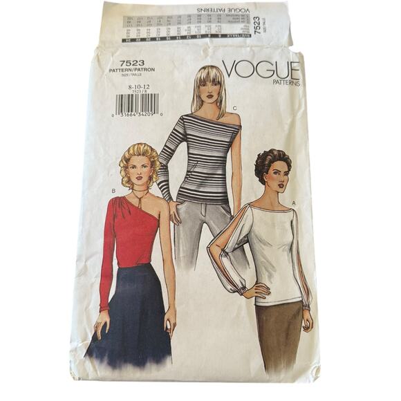 Vogue 7523 Sewing Pattern Misses Top Uncut 2001 US 8 10 12 Off Shoulder Slits - Picture 1 of 4